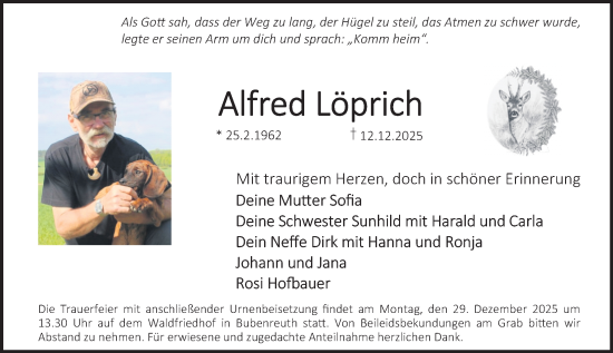 Traueranzeige von Alfred Löprich von Erlanger Nachrichten Lokal