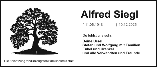 Traueranzeige von Alfred Siegl von Erlanger Nachrichten Lokal