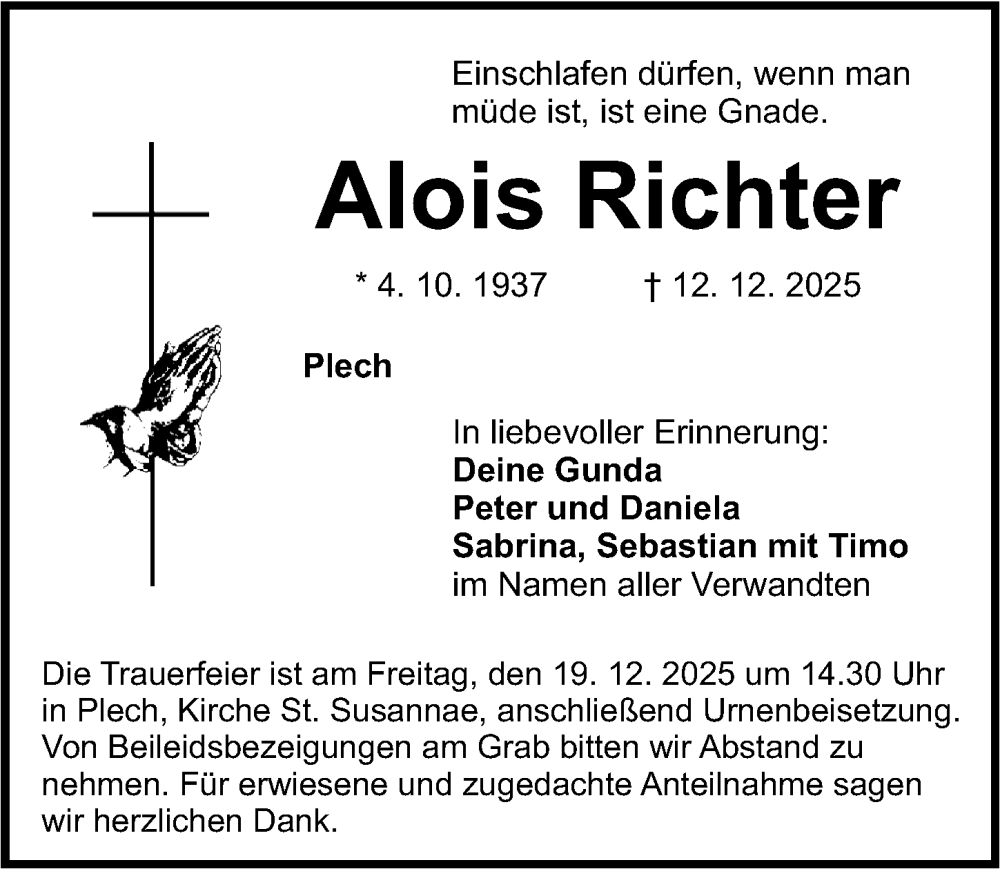  Traueranzeige für Alois Richter vom 16.12.2025 aus Nordbayerische Nachrichten Pegnitz Lokal