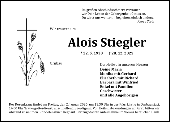 Traueranzeige von Alois Stiegler von Altmühl-Bote Lokal