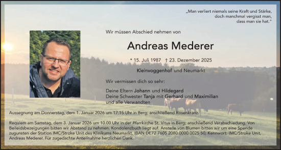 Traueranzeige von Andreas Mederer von Neumarkter Nachrichten Lokal