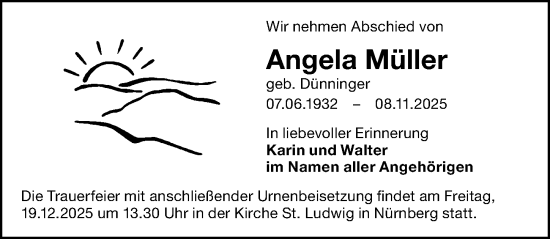 Traueranzeige von Angela Müller von Gesamtausgabe Nürnberger Nachrichten/ Nürnberger Ztg.