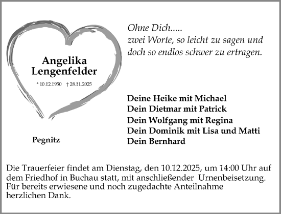 Traueranzeige von Angelika Lengenfelder von Nordbayerische Nachrichten Pegnitz Lokal