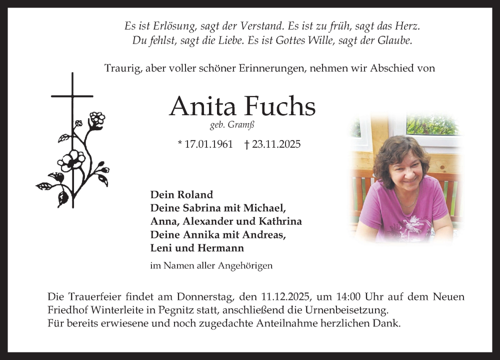  Traueranzeige für Anita Fuchs vom 06.12.2025 aus Nordbayerische Nachrichten Pegnitz Lokal
