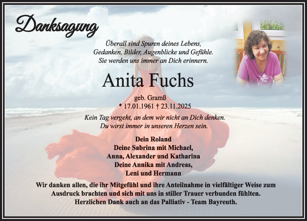  Traueranzeige für Anita Fuchs vom 20.12.2025 aus Nordbayerische Nachrichten Pegnitz Lokal
