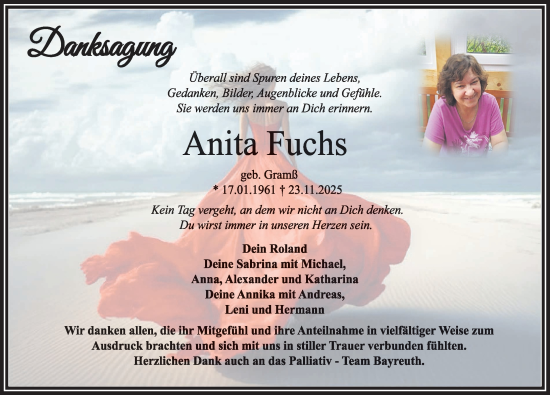 Traueranzeige von Anita Fuchs von Nordbayerische Nachrichten Pegnitz Lokal