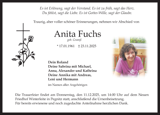 Traueranzeige von Anita Fuchs von Nordbayerische Nachrichten Pegnitz Lokal
