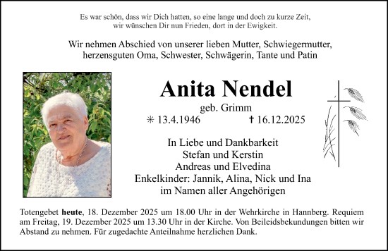 Traueranzeige von Anita Nendel von Nordbayerische Nachrichten Herzogenaurach Lokal