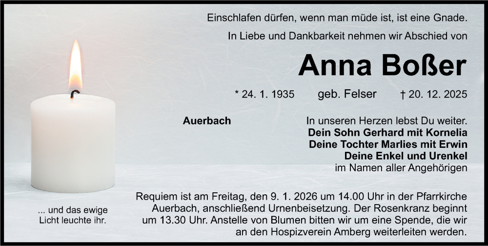 Traueranzeige für Anna Boßer vom 31.12.2025 aus Nordbayerische Nachrichten Pegnitz Lokal