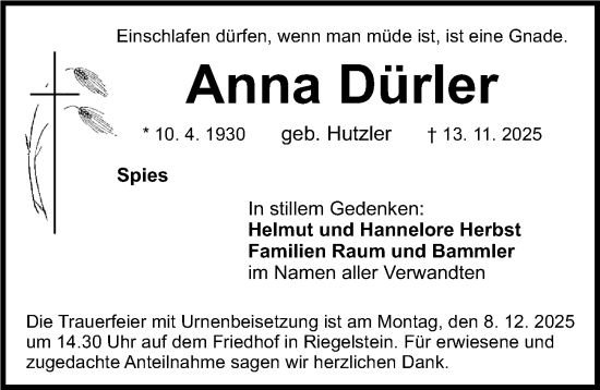 Traueranzeige von Anna Dürler von Nordbayerische Nachrichten Pegnitz Lokal