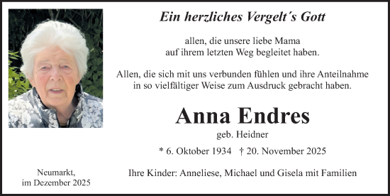 Traueranzeige von Anna Endres von Neumarkter Nachrichten Lokal
