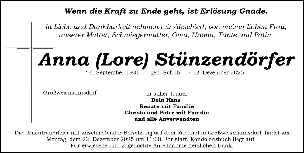  Traueranzeige für Anna Stünzendörfer vom 20.12.2025 aus Gesamtausgabe Nürnberger Nachrichten/ Nürnberger Ztg.