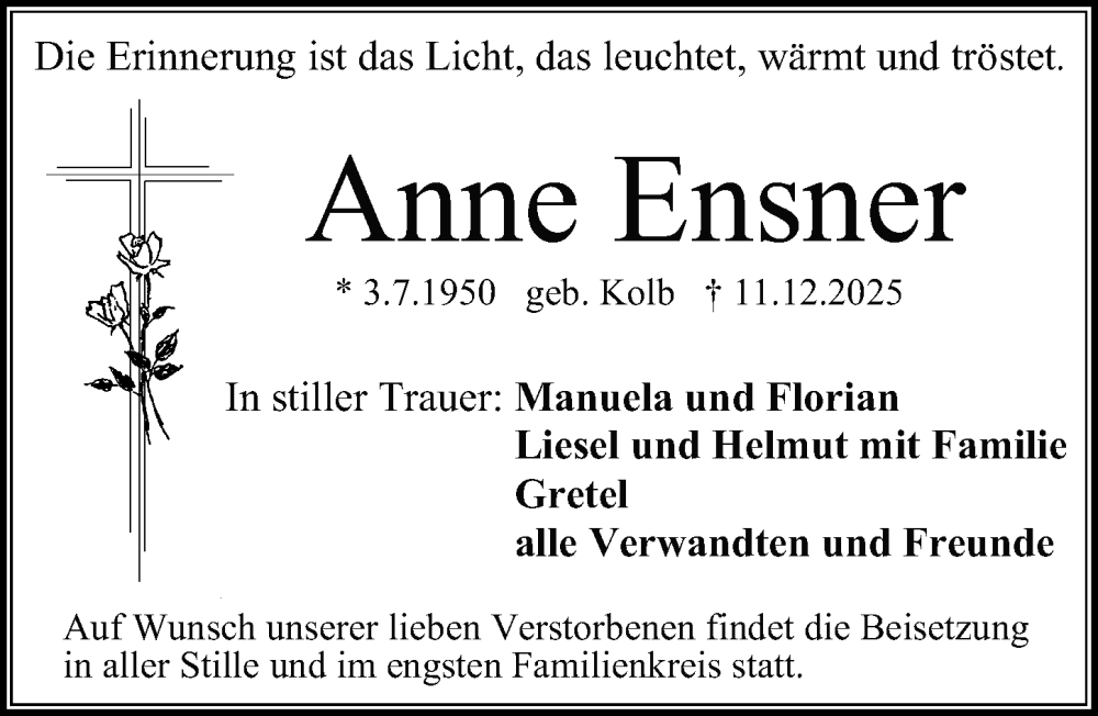  Traueranzeige für Anne Ensner vom 20.12.2025 aus Gesamtausgabe Nürnberger Nachrichten/ Nürnberger Ztg.
