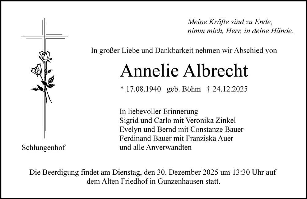  Traueranzeige für Annelie Albrecht vom 30.12.2025 aus Altmühl-Bote Lokal