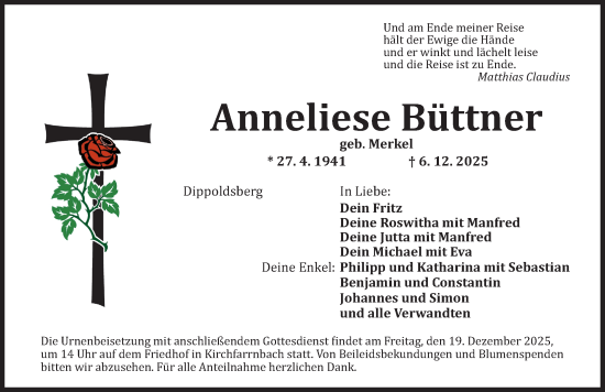 Traueranzeige von Anneliese Büttner von Fürther Nachrichten Lokal