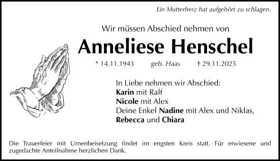 Traueranzeige von Anneliese Henschel von Erlanger Nachrichten Lokal