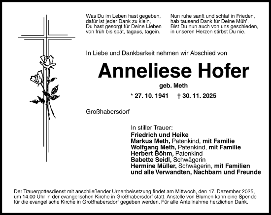Traueranzeige von Anneliese Hofer von Fürther Nachrichten Lokal
