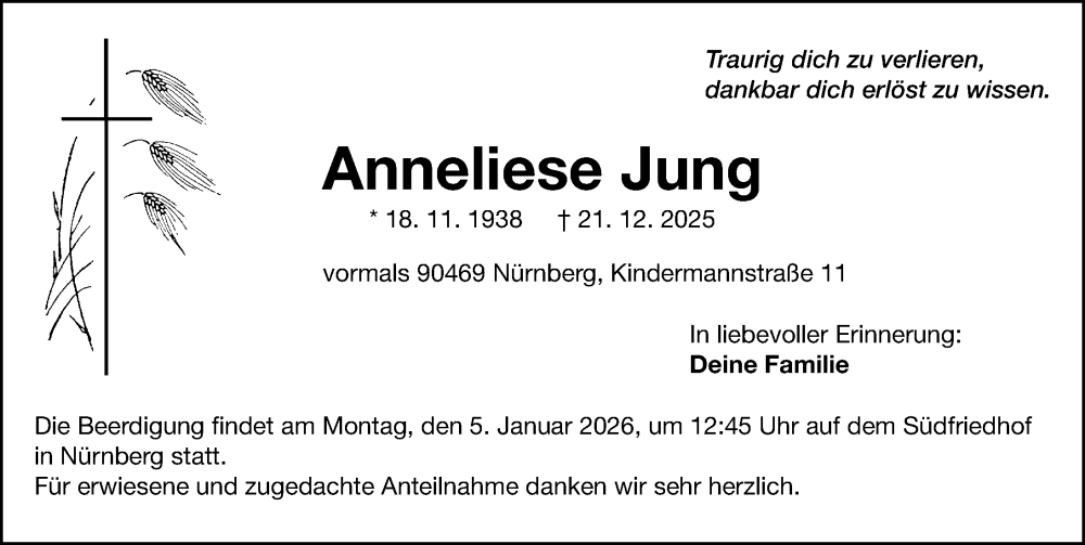  Traueranzeige für Anneliese Jung vom 27.12.2025 aus Gesamtausgabe Nürnberger Nachrichten/ Nürnberger Ztg.