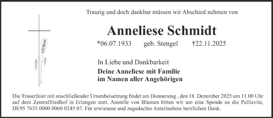 Traueranzeige von Anneliese Schmidt von Erlanger Nachrichten Lokal