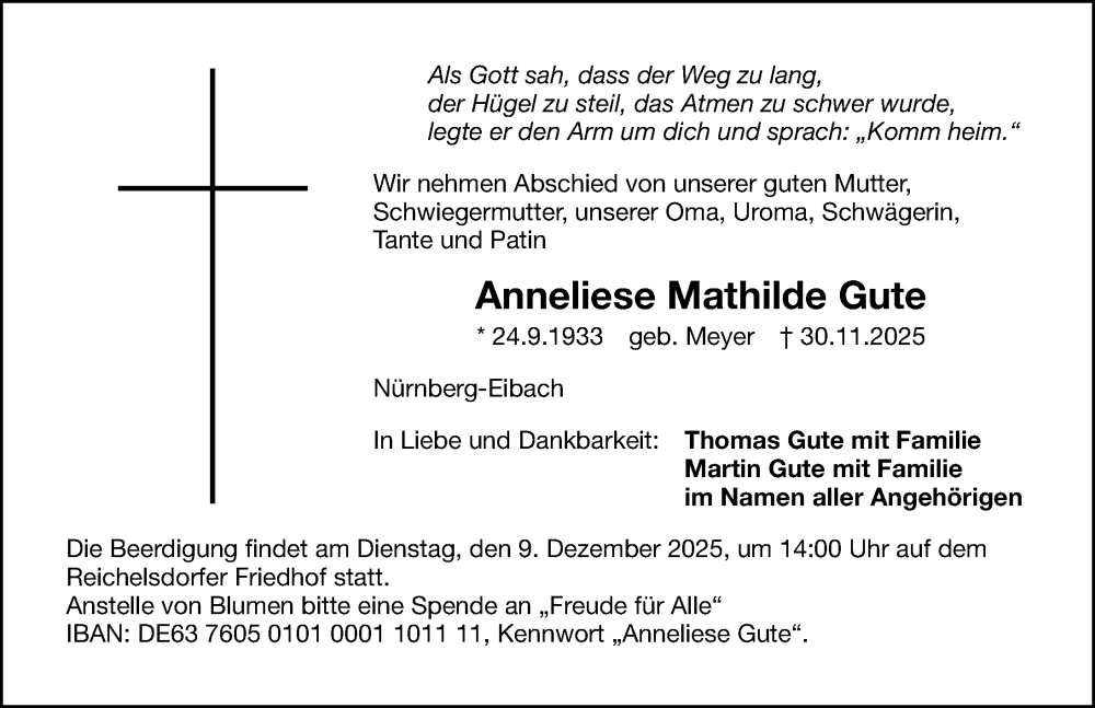  Traueranzeige für Anneliese Mathilde Gute vom 06.12.2025 aus Gesamtausgabe Nürnberger Nachrichten/ Nürnberger Ztg.