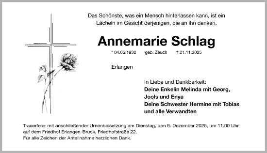 Traueranzeige von Annemarie Schlag von Erlanger Nachrichten Lokal