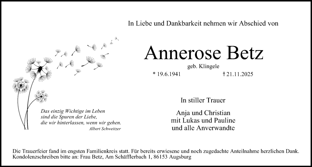 Traueranzeige für Annerose Betz vom 20.12.2025 aus Erlanger Nachrichten Lokal