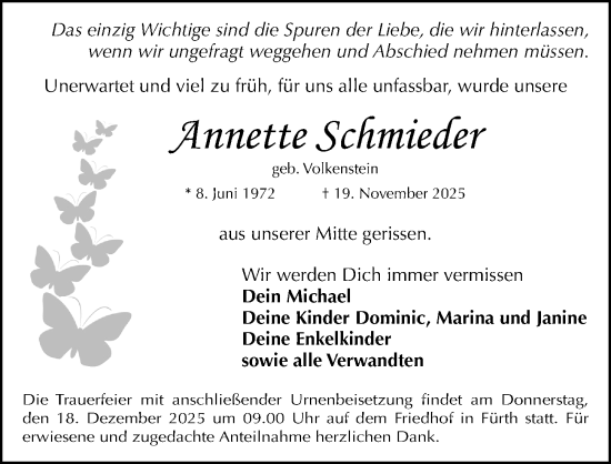 Traueranzeige von Annette Schmieder von Fürther Nachrichten Lokal