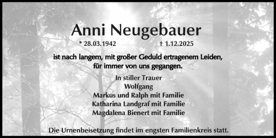 Traueranzeige von Anni Neugebauer von Schwabacher Tagblatt Lokal