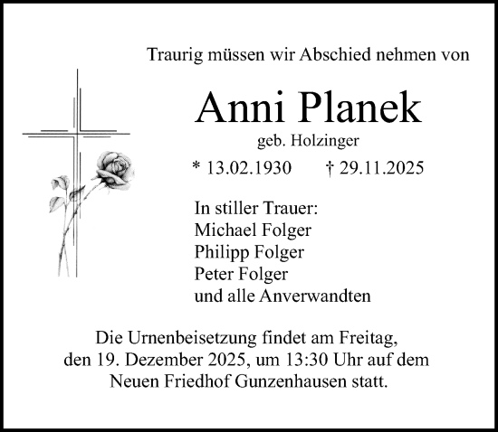 Traueranzeige von Anni Planek von Altmühl-Bote Lokal