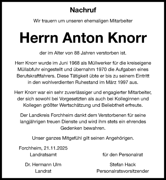 Traueranzeige von Anton Knorr von Nordbayerische Nachrichten Forchheim Lokal