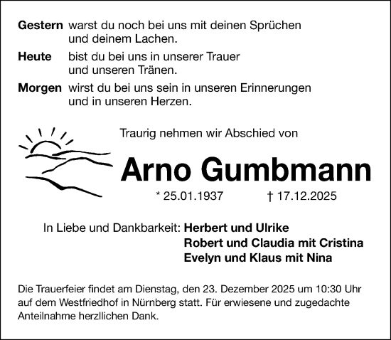 Traueranzeige von Arno Gumbmann von Gesamtausgabe Nürnberger Nachrichten/ Nürnberger Ztg.