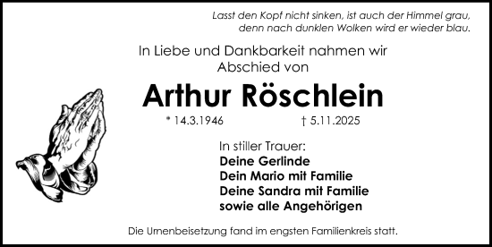 Traueranzeige von Arthur Röschlein von Fürther Nachrichten Lokal