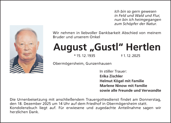 Traueranzeige von August Hertlen von Altmühl-Bote Lokal