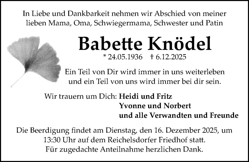  Traueranzeige für Babette Knödel vom 13.12.2025 aus Gesamtausgabe Nürnberger Nachrichten/ Nürnberger Ztg.