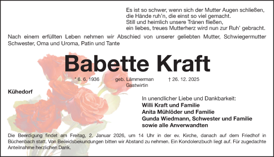 Traueranzeige von Babette Kraft von HST,HRHV