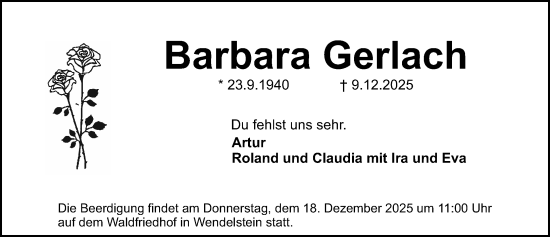 Traueranzeige von Barbara Gerlach von Gesamtausgabe Nürnberger Nachrichten/ Nürnberger Ztg.