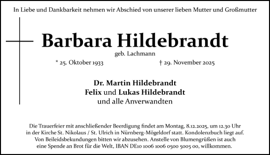 Traueranzeige von Barbara Hildebrandt von Gesamtausgabe Nürnberger Nachrichten/ Nürnberger Ztg.