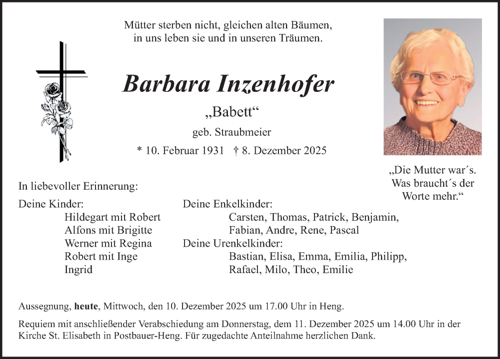  Traueranzeige für Barbara Inzenhofer vom 10.12.2025 aus Neumarkter Nachrichten Lokal