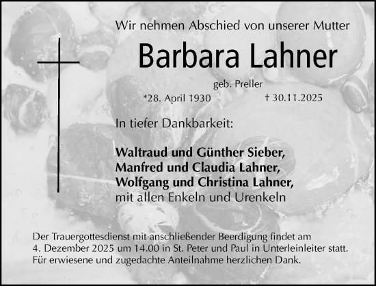 Traueranzeige von Barbara Lahner von Gesamtausgabe Nürnberger Nachrichten/ Nürnberger Ztg.