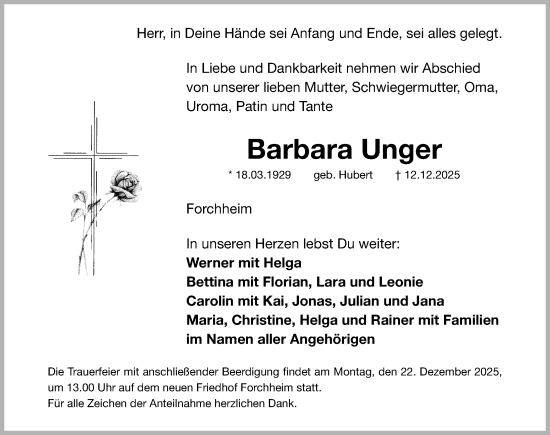 Traueranzeige von Barbara Unger von Nordbayerische Nachrichten Forchheim Lokal