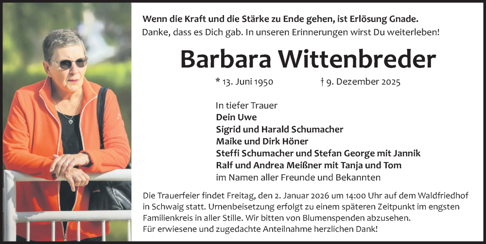  Traueranzeige für Barbara Wittenbreder vom 30.12.2025 aus Gesamtausgabe Nürnberger Nachrichten/ Nürnberger Ztg.