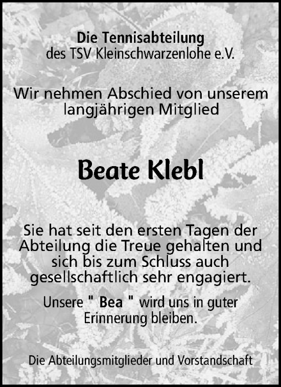 Traueranzeige von Beate Klebl von Schwabacher Tagblatt Lokal