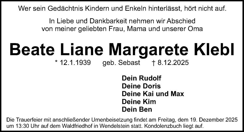  Traueranzeige für Beate Liane Margarete Klebl vom 13.12.2025 aus Schwabacher Tagblatt Lokal