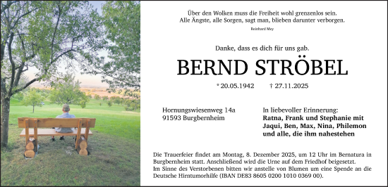 Traueranzeige von Bernd Ströbel von Gesamtausgabe Nürnberger Nachrichten/ Nürnberger Ztg.