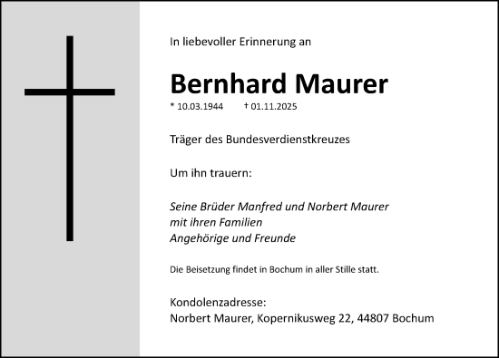 Traueranzeige von Bernhard Maurer von Erlanger Nachrichten Lokal