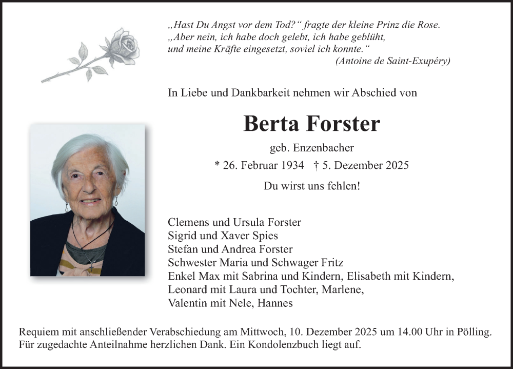  Traueranzeige für Berta Forster vom 09.12.2025 aus Neumarkter Nachrichten Lokal