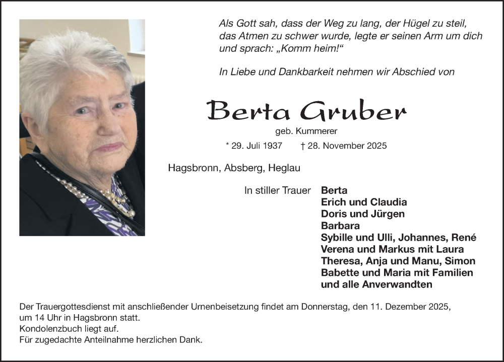  Traueranzeige für Berta Gruber vom 06.12.2025 aus HRHV,HAB