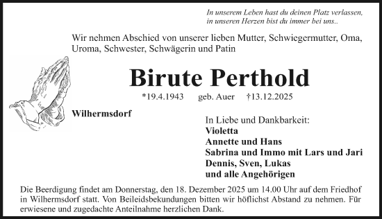 Traueranzeige von Birute Perthold von Fürther Nachrichten Lokal