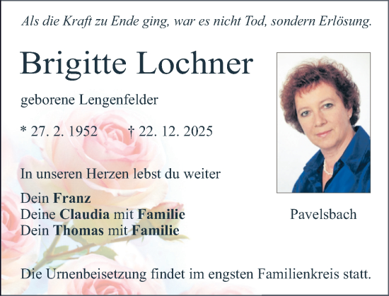 Traueranzeige von Brigitte Lochner von Neumarkter Nachrichten Lokal