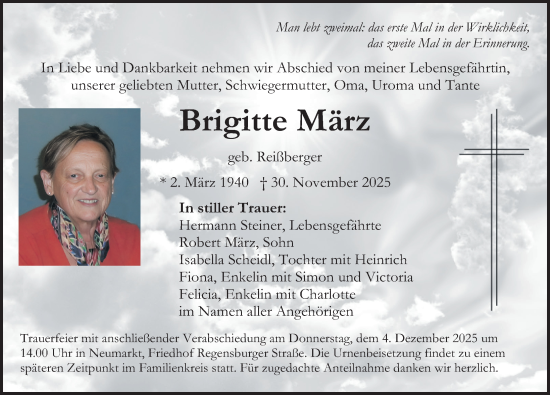 Traueranzeige von Brigitte März von Neumarkter Nachrichten Lokal